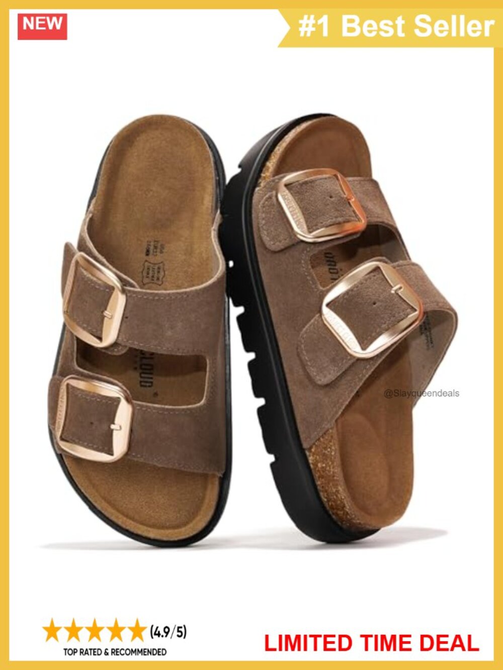 Genuine Leather Platform Sandals Slip-On Cork Footbed Wedge